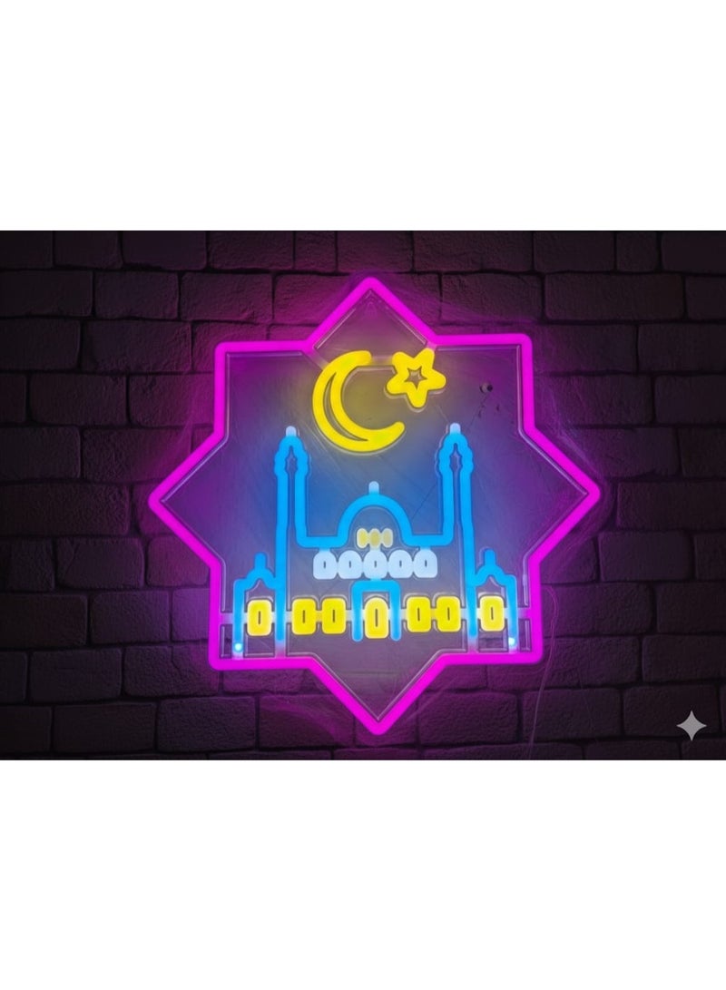 Islamic Mosque Silhouette Neon Sign with Crescent Moon & Star – Star Frame Wall Decor for Ramadan & Eid